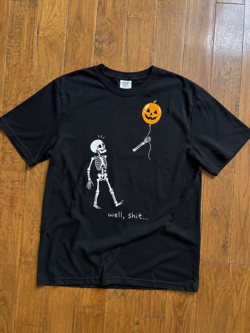Well Shit Skeleton Losing Arm Balloon Halloween Tee Black